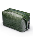 Leather wash bag, green croc, side view