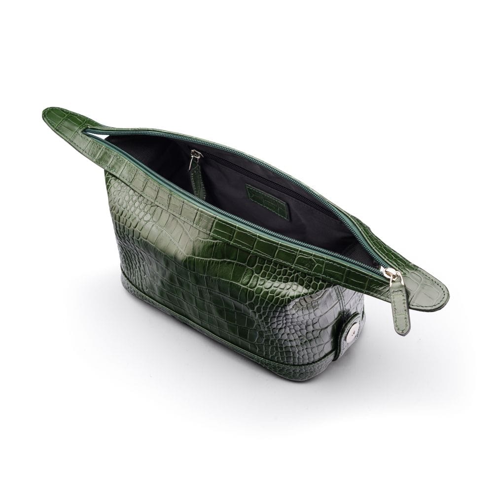 Leather wash bag, green croc, inside