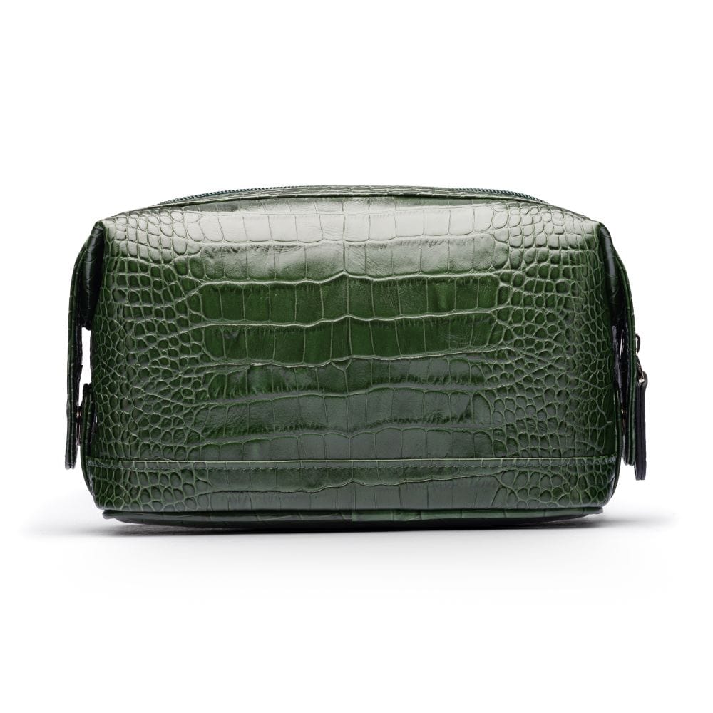 Leather wash bag, green croc, front