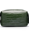 Leather wash bag, green croc, front