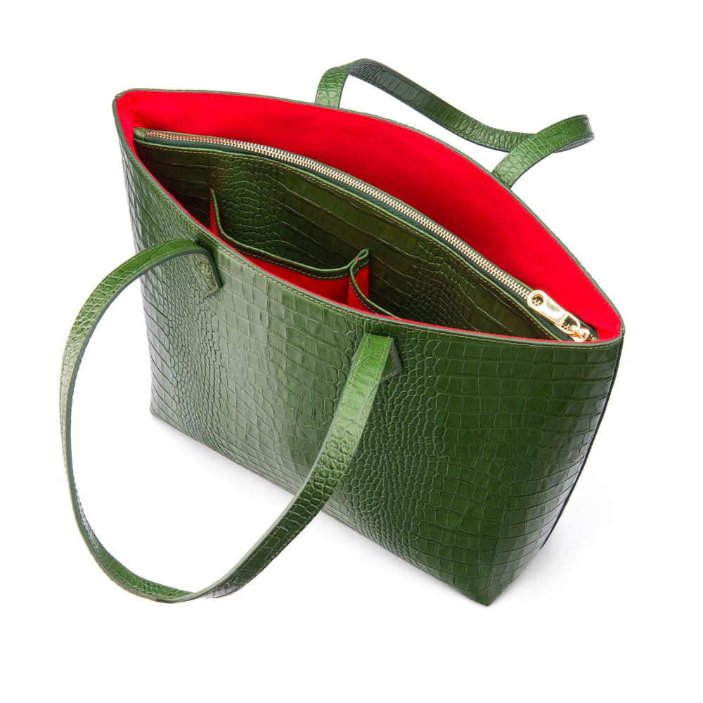 Luxury Leather Tote Bag and Shopper, Green Croc, open