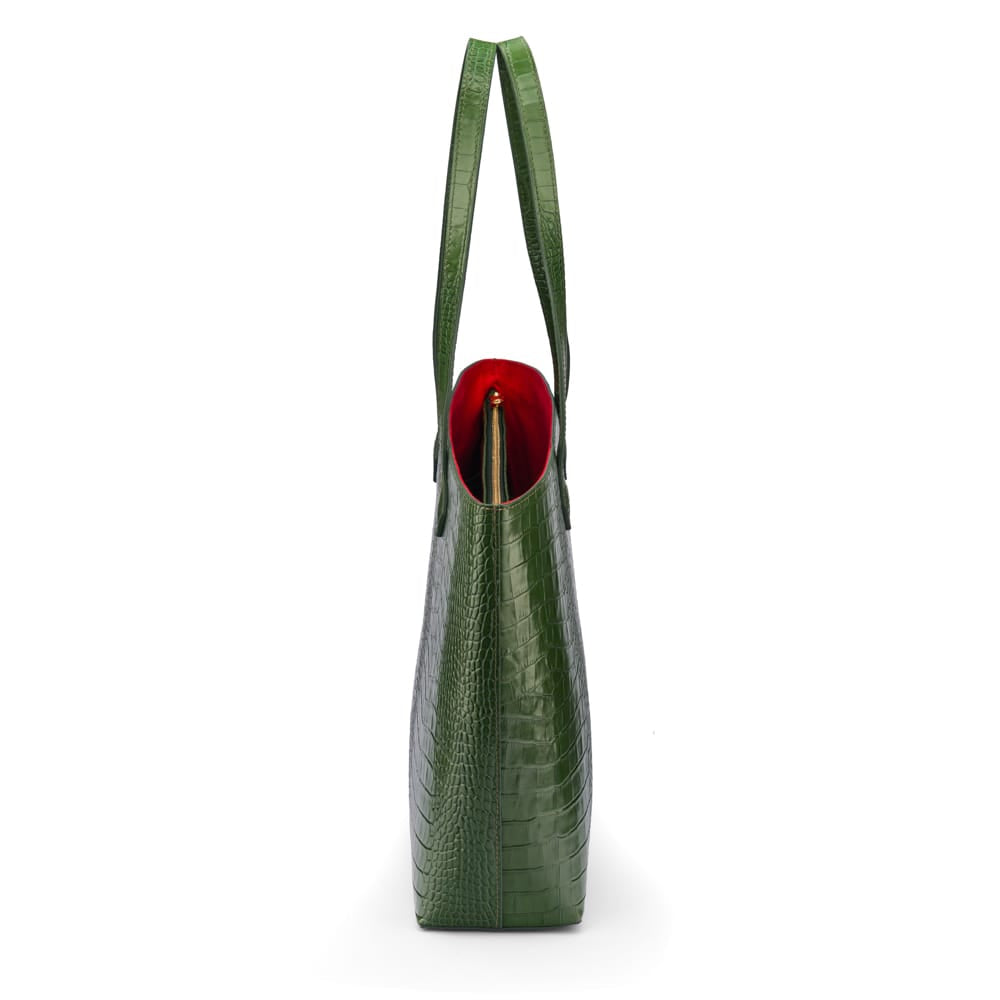 Luxury Leather Tote Bag and Shopper, Green Croc, side