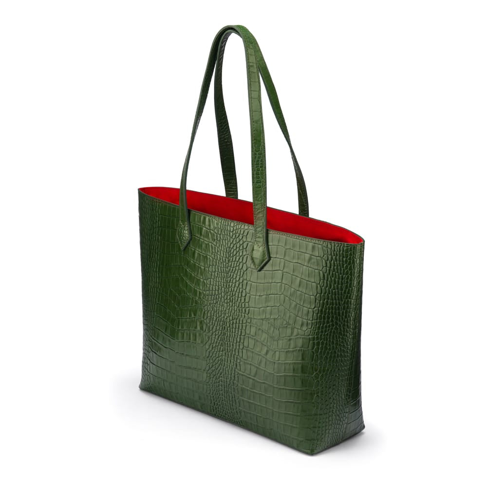 Luxury Leather Tote Bag and Shopper, Green Croc, side view