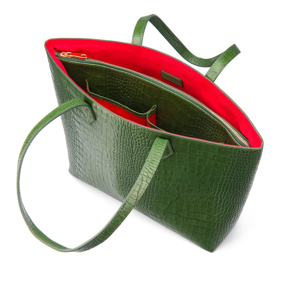 Luxury Leather Tote Bag and Shopper, Green Croc, inside