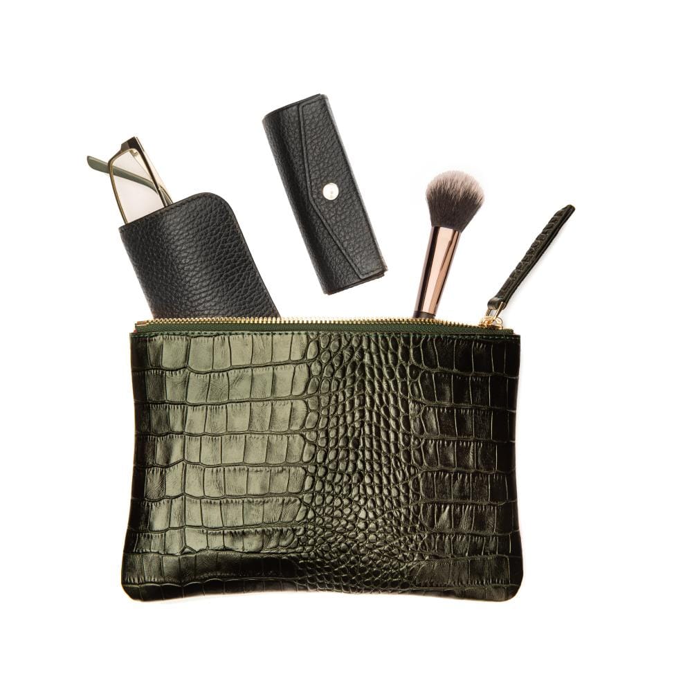 Medium leather makeup bag, green croc, lifestyle