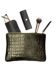 Medium leather makeup bag, green croc, lifestyle
