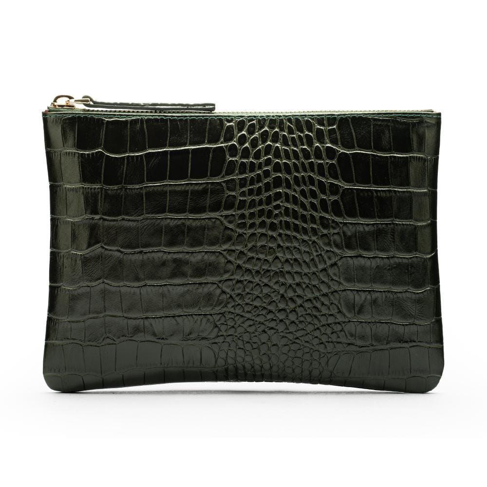 Medium leather makeup bag, green croc, front