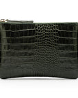 Medium leather makeup bag, green croc, front