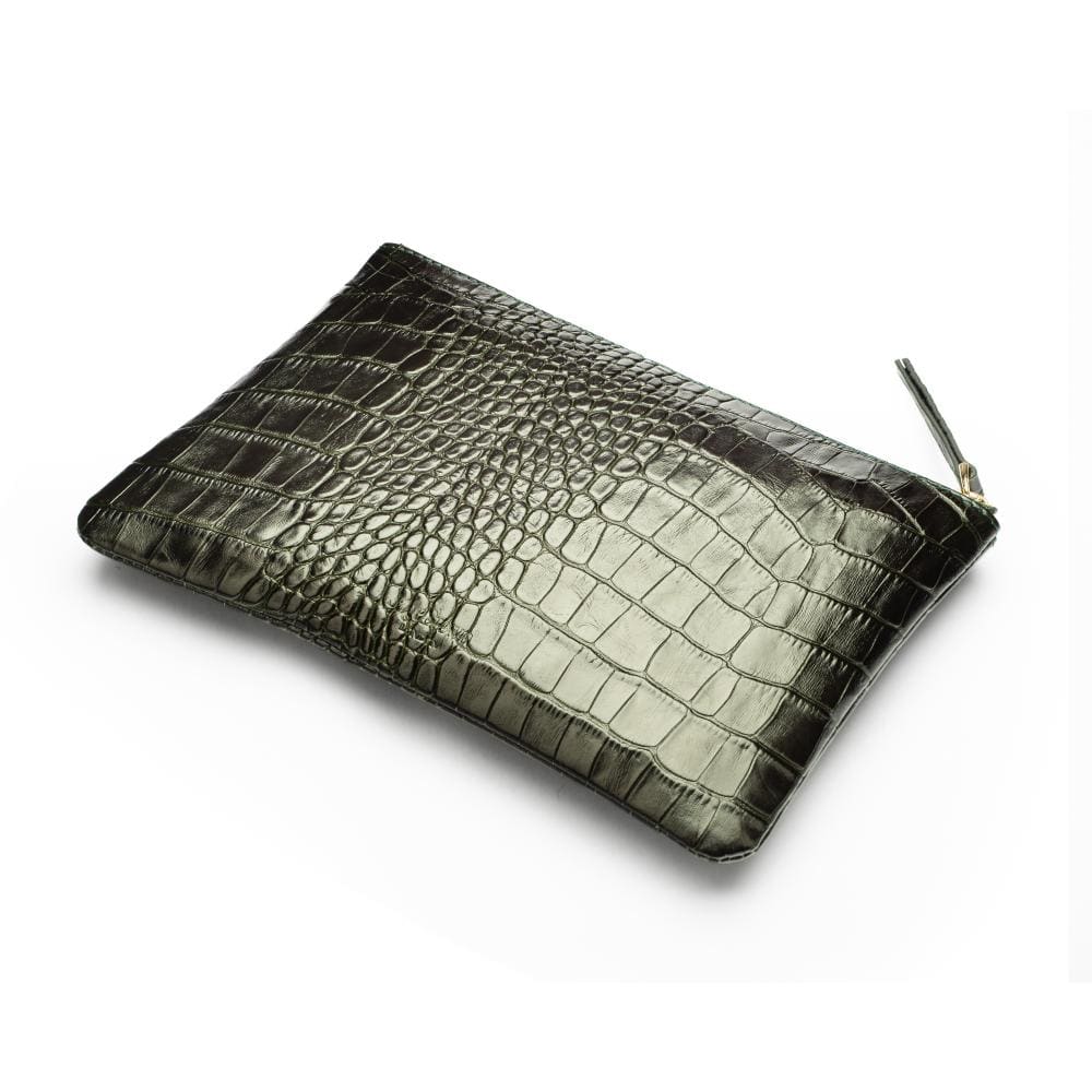 Medium leather makeup bag, green croc, front