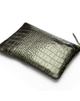 Medium leather makeup bag, green croc, front