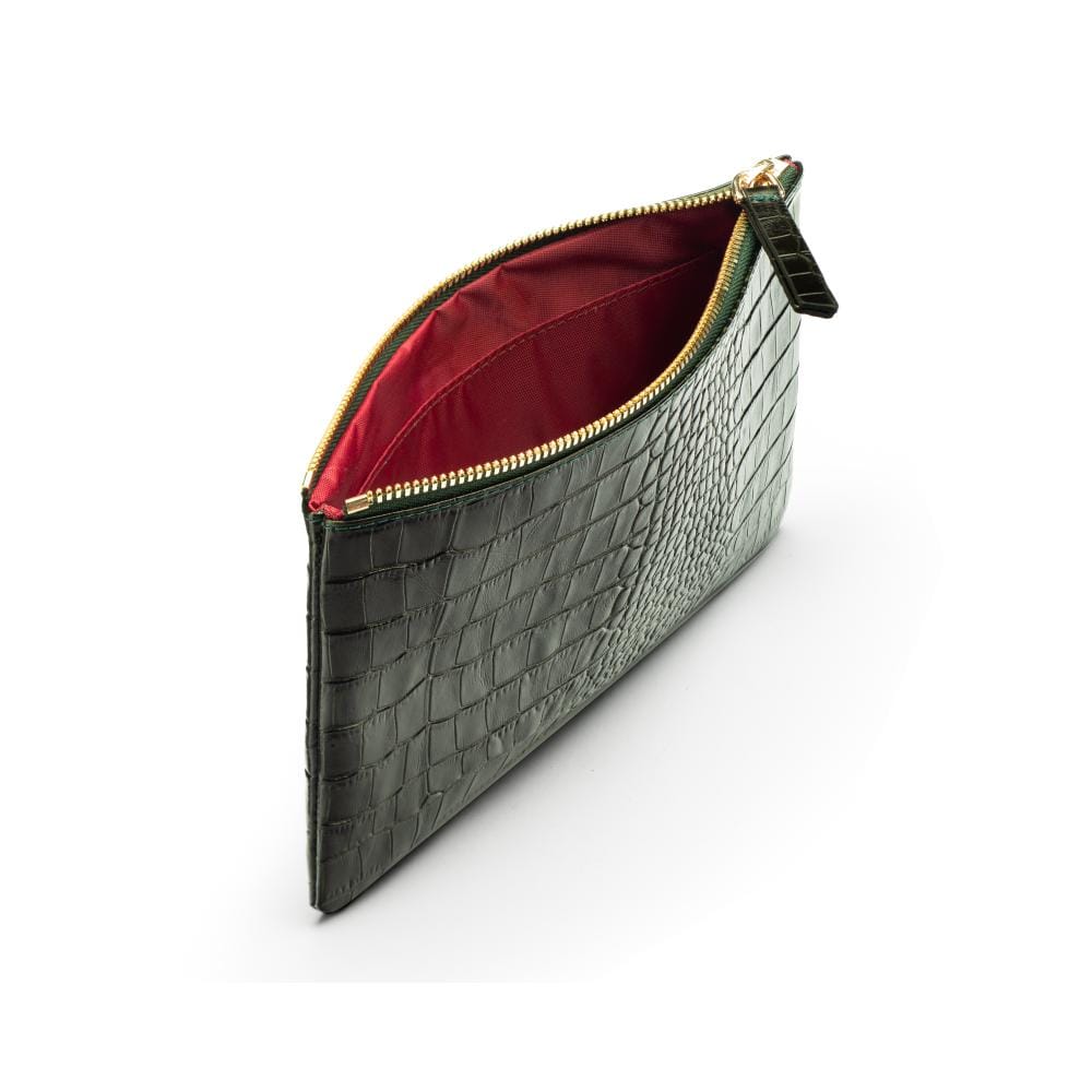 Medium leather makeup bag, green croc, inside