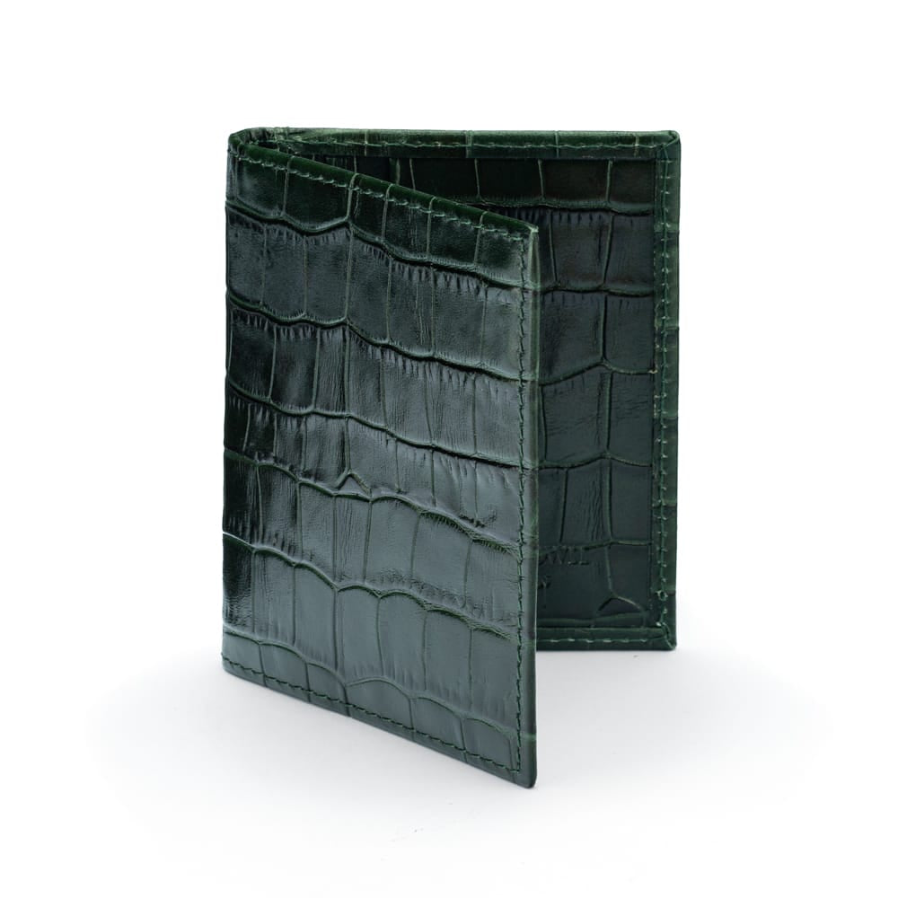 Premium Slim RFID Leather Credit Card Wallet, Green Croc Effect, front