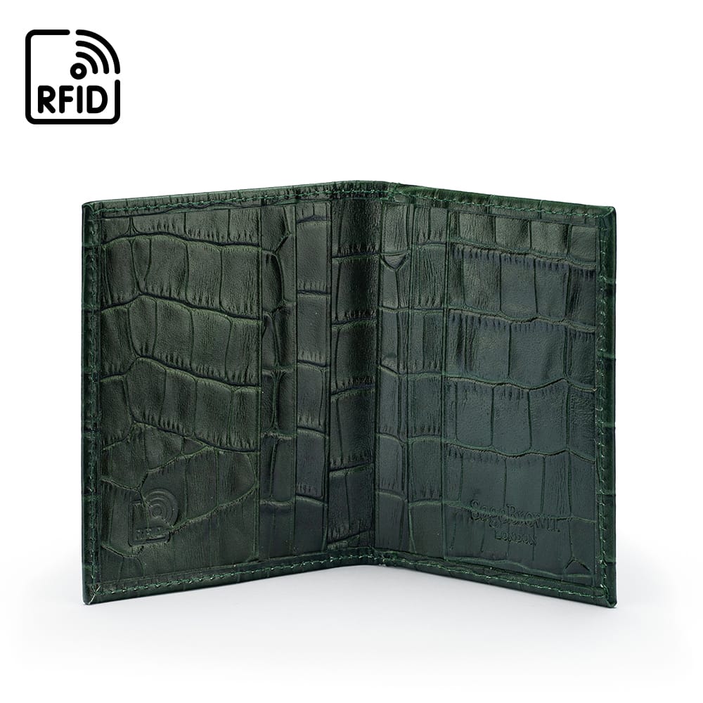 Premium Slim RFID Leather Credit Card Wallet, Green Croc Effect, inside