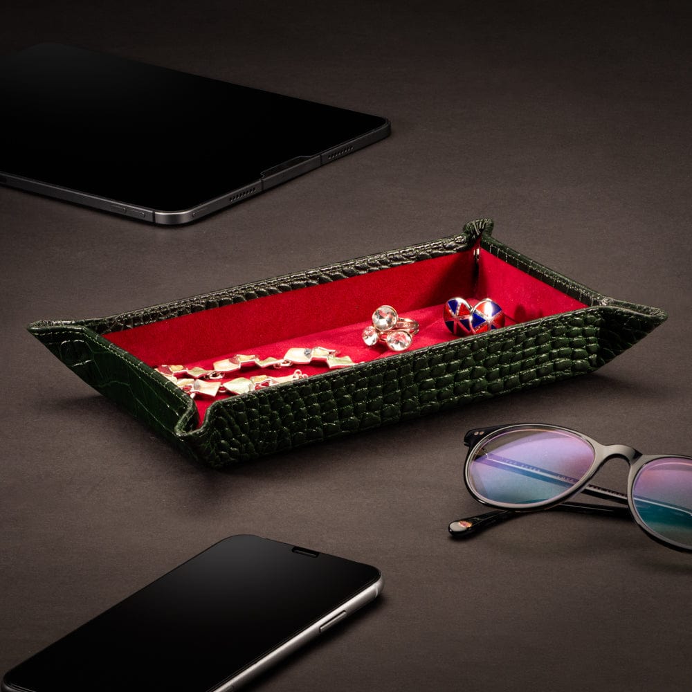 Rectangular leather valet tray, green croc with red, lifestyle
