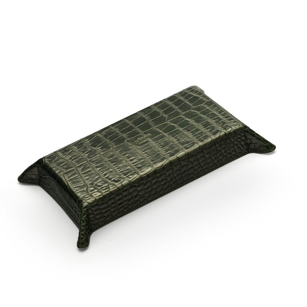 Rectangular leather valet tray, green croc with red, base