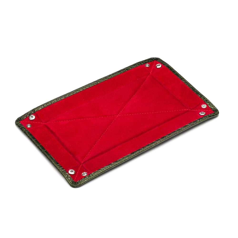 Rectangular leather valet tray, green croc with red, flat