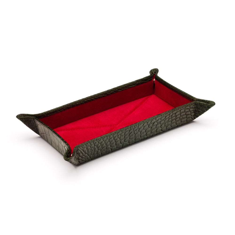Rectangular leather valet tray, green croc with red