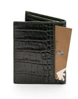 RFID compact leather billfold wallet 4 CC, green croc, back