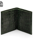 RFID compact leather billfold wallet 4 CC, green croc, open