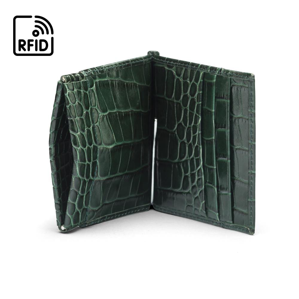 Leather money clip wallet with coin purse, green croc, open