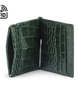 Leather money clip wallet with coin purse, green croc, open