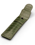 Single leather pen case, green croc, open