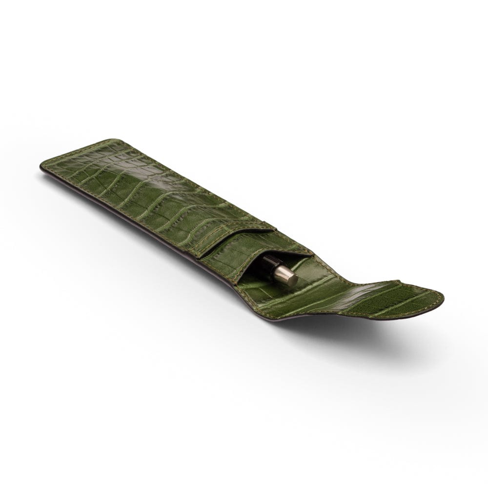 Single leather pen case, green croc, inside