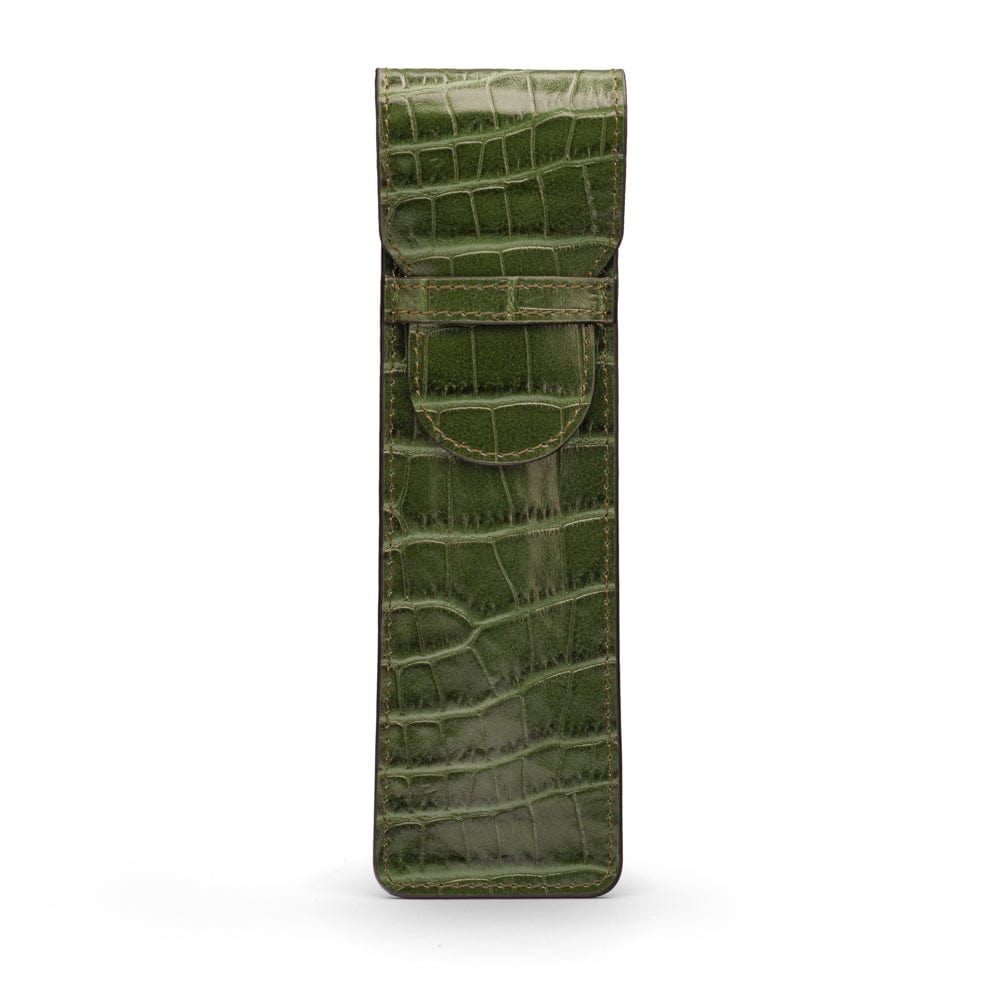 Single leather pen case, green croc, front view