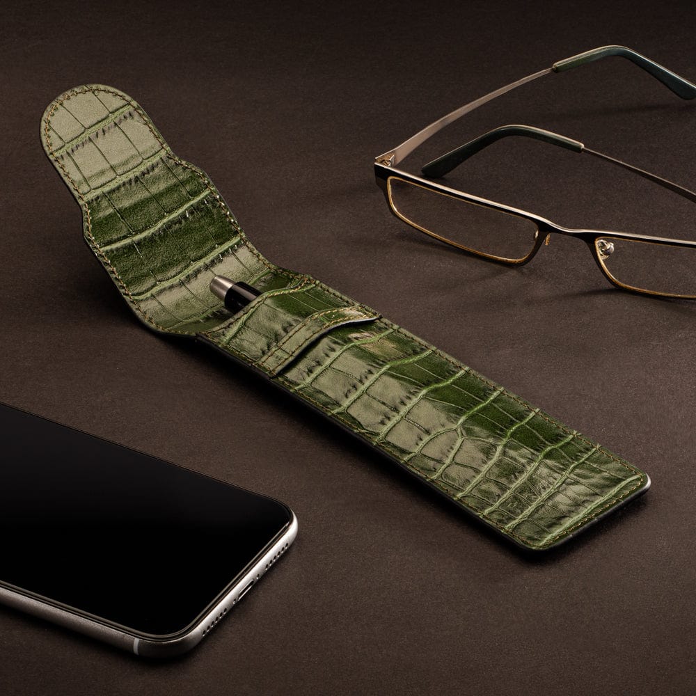 Single leather pen case, green croc, lifestyle
