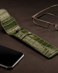 Single leather pen case, green croc, lifestyle