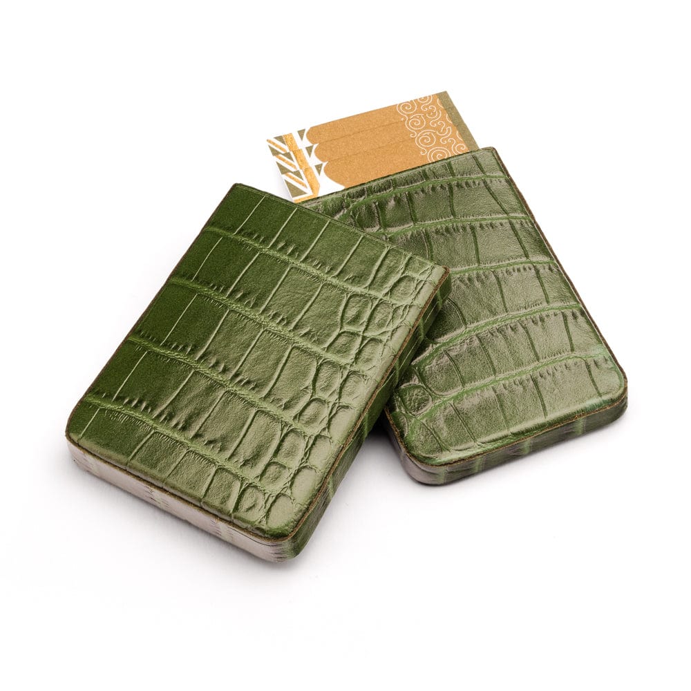 Pull apart business card holder, green croc, open