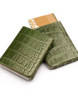 Pull apart business card holder, green croc, open