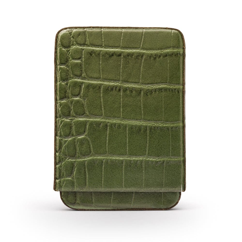 Pull apart business card holder, green croc, front