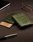 Pull apart business card holder, green croc, lifestyle