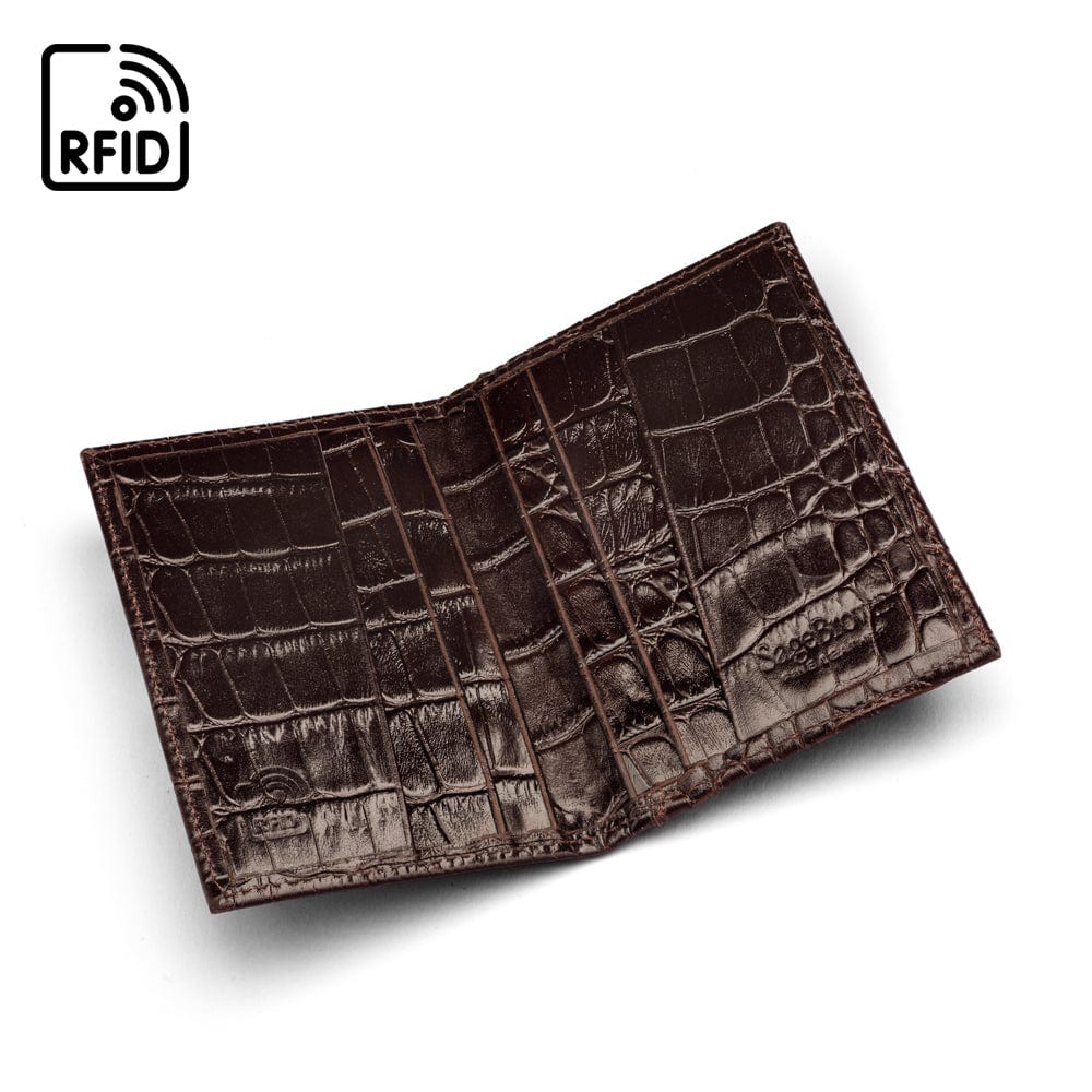 RFID leather credit card holder, brown croc, open