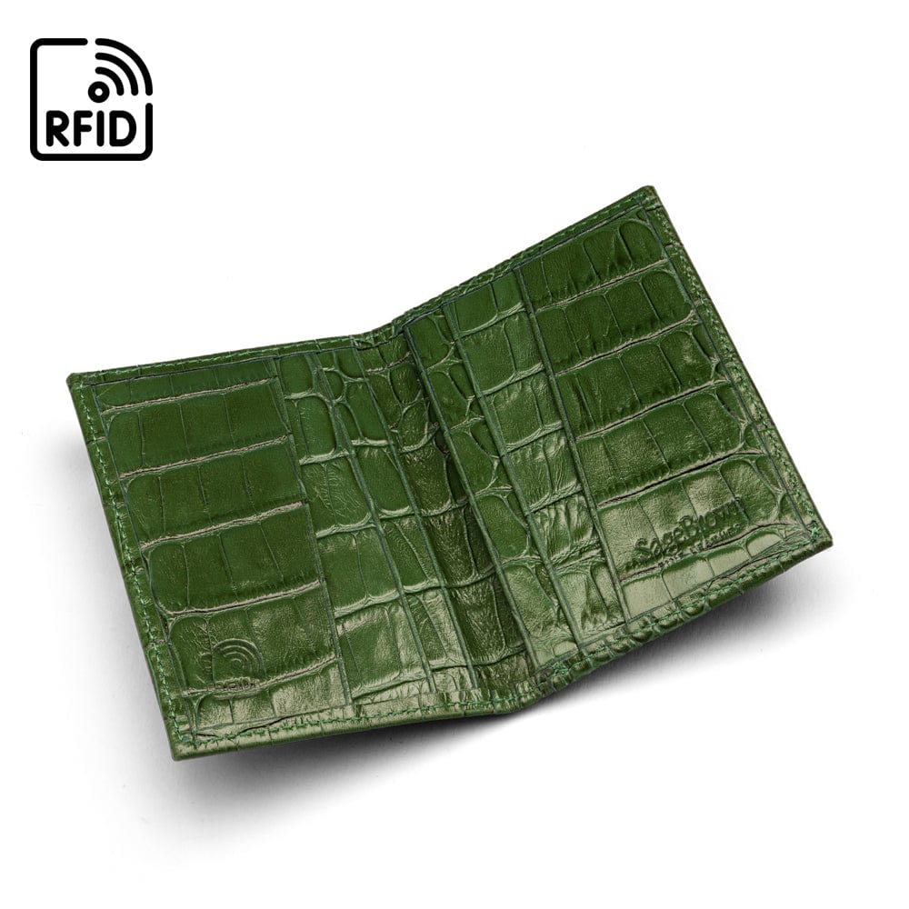 RFID leather credit card holder, green croc, open view