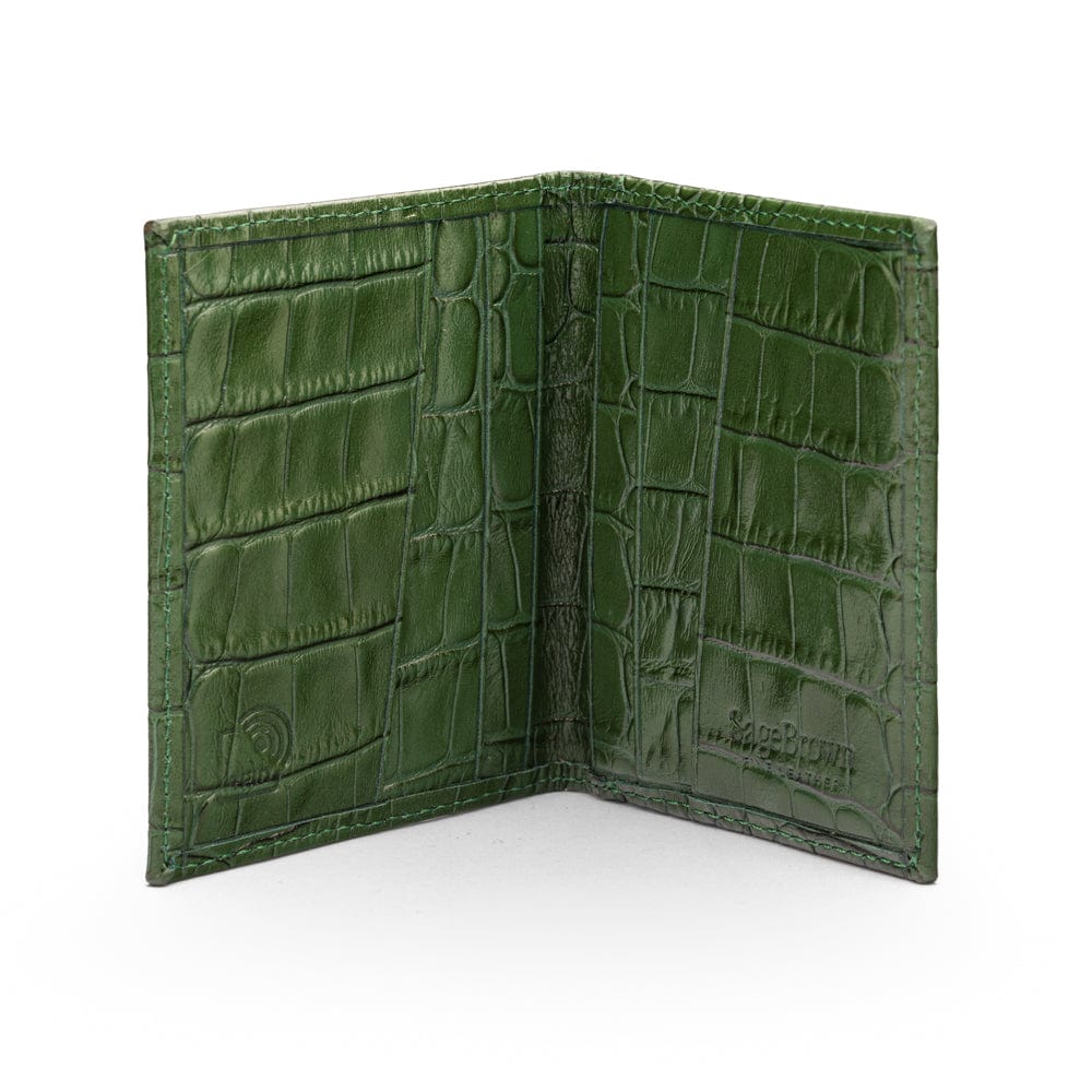 RFID leather credit card holder, green croc, inside view
