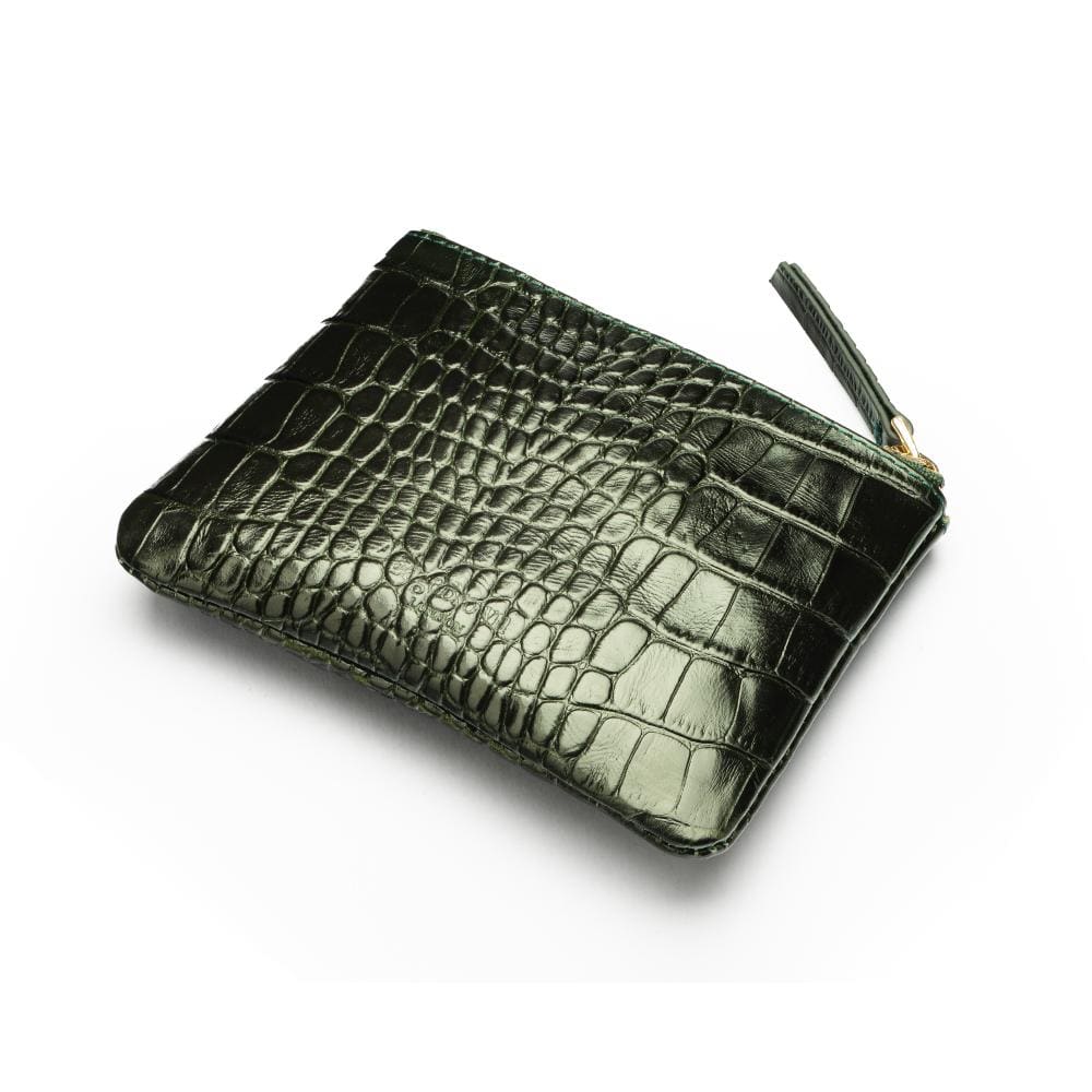 Small leather makeup bag, green croc, front view