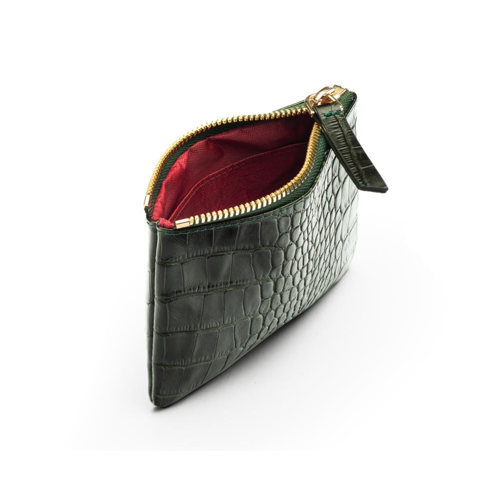 Small leather makeup bag, green croc, open