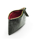 Small leather makeup bag, green croc, open