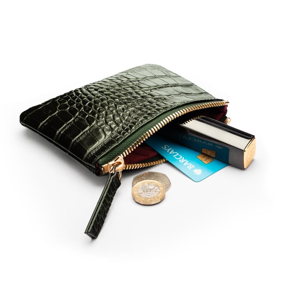 Small leather makeup bag, green croc, lifestye