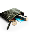 Small leather makeup bag, green croc, lifestye
