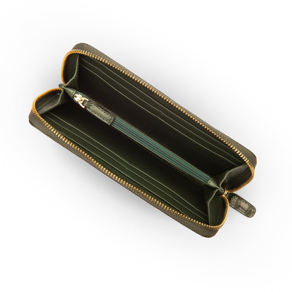 Tall leather zip around accordion purse,  green croc, inside