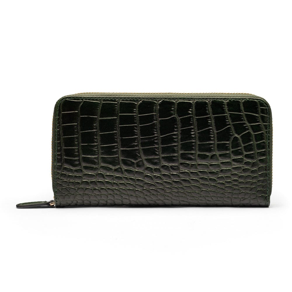 Tall leather zip around accordion purse,  green croc, back