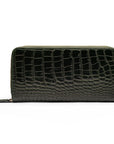 Tall leather zip around accordion purse,  green croc, back