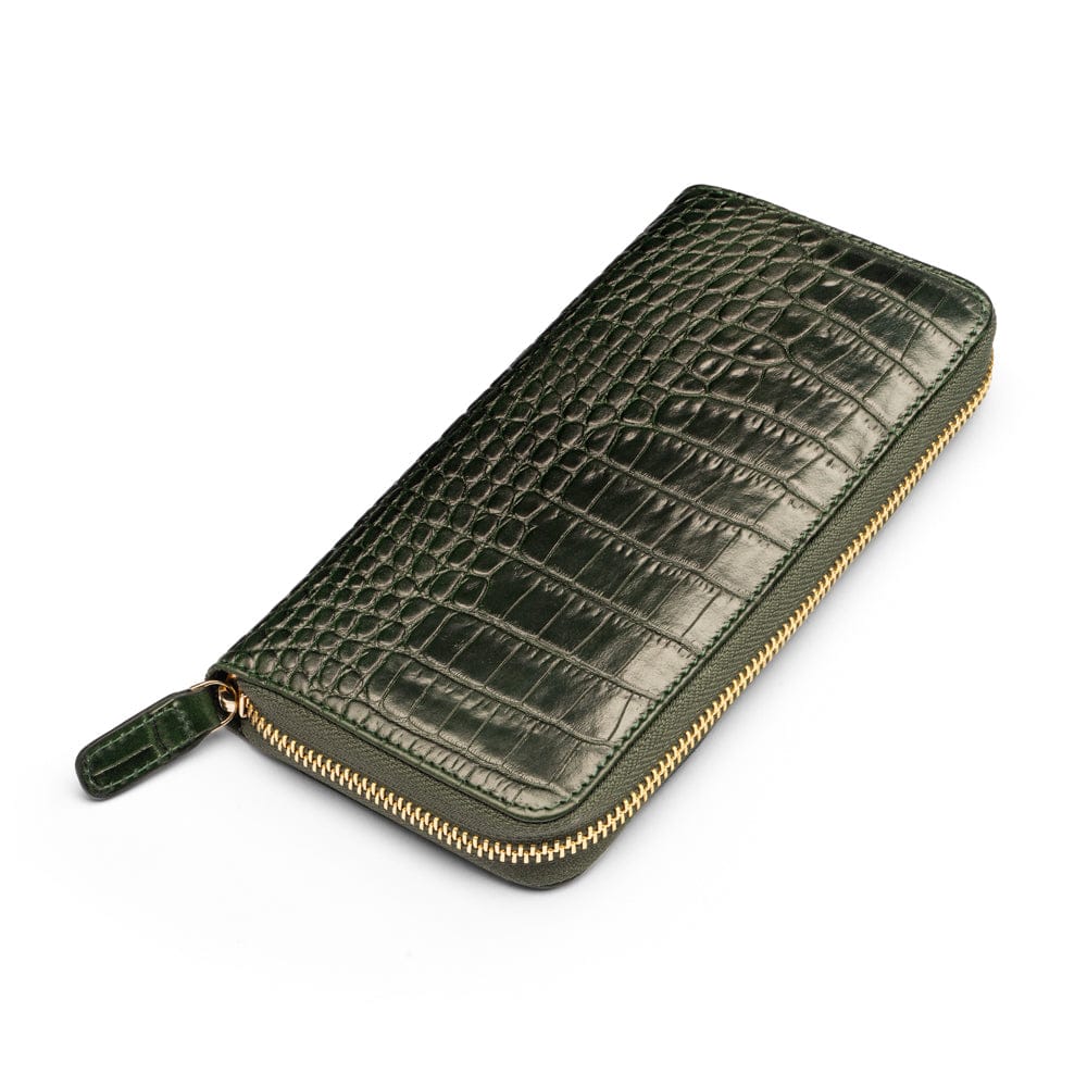 Tall leather zip around accordion purse,  green croc, front