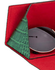 Triangular leather glasses case, green croc, close up