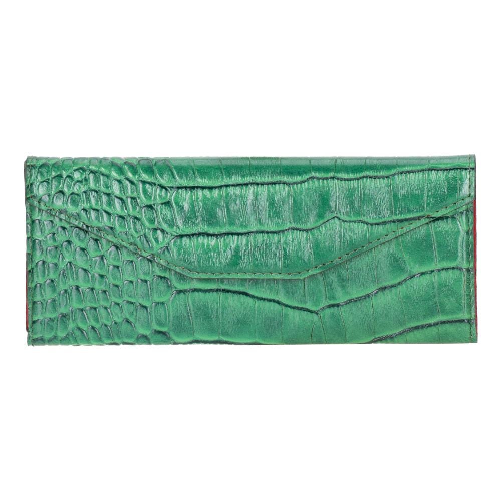 Triangular leather glasses case, green croc, front