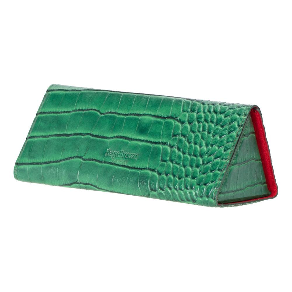 Triangular leather glasses case, green croc, back side