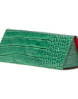 Triangular leather glasses case, green croc, back side